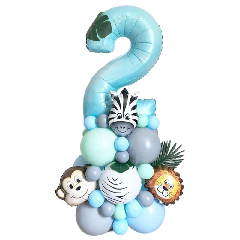 

36pcs Jungle Safari Party Animal Balloons Set Blue Digital Balloon Kids 1 2 3 4 5 6 7 8 9 Years Birthday Party Decoration Globos