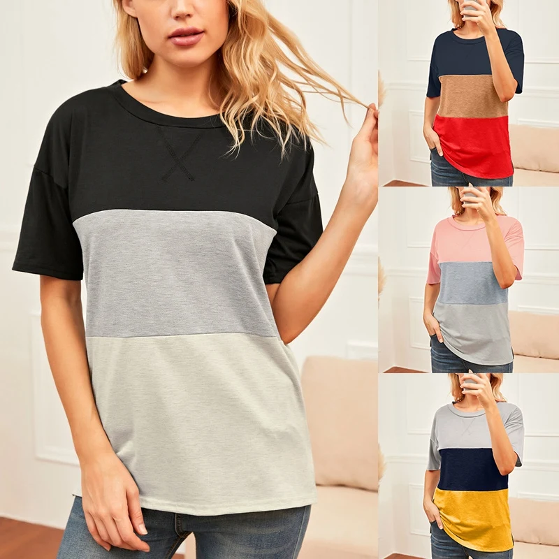 

Womens Shirts Casual Tee Shirts Short Sleeve Patchwork Color Block Loose Fit Tunic Tops Blouses