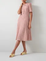 Women Silk Floral Print Pink Midi Robe Short Sleeve Lace-Up Bow O-Neck Female Midi Dress with Pearl Buttons 2022 Summer