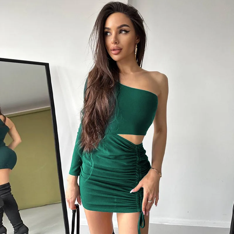 

Solid Slim Two Piece Set Women Autumn 2023 One Shoulder Long Sleeve Crop Top High Waist Drawstring Pleated Mini Skirt Streetwear