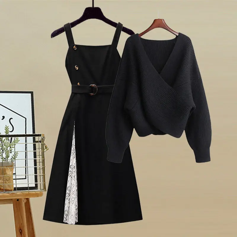 Spring and Autumn Fashion Women's Set 2023 New V-Neck Slim Knitted Sweater Sweater Strap Dress Two Piece Set
