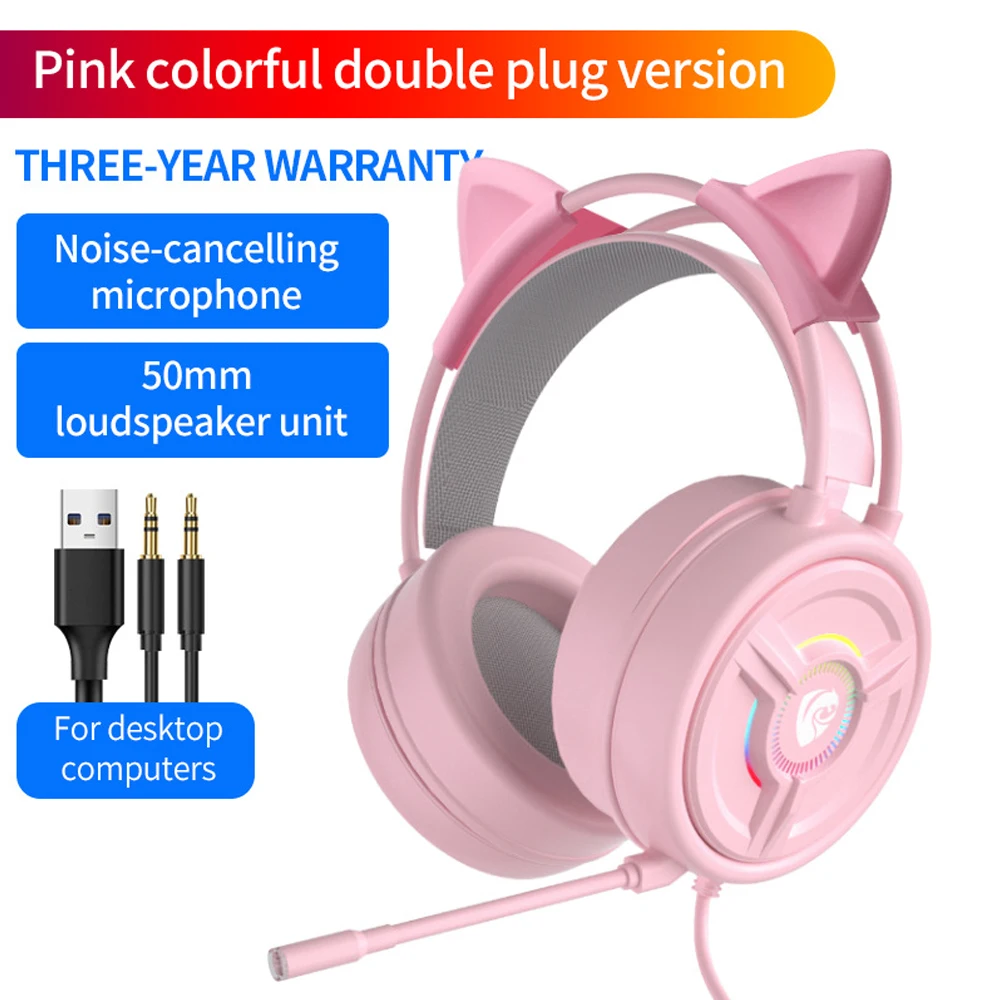 

Pink Cute Cat Ear Gaming Headset with Mic 7.1 Stereo Surround USB Wired Headphones with Dual-3.5mm Plug for PC Laptop PS4 Gamers