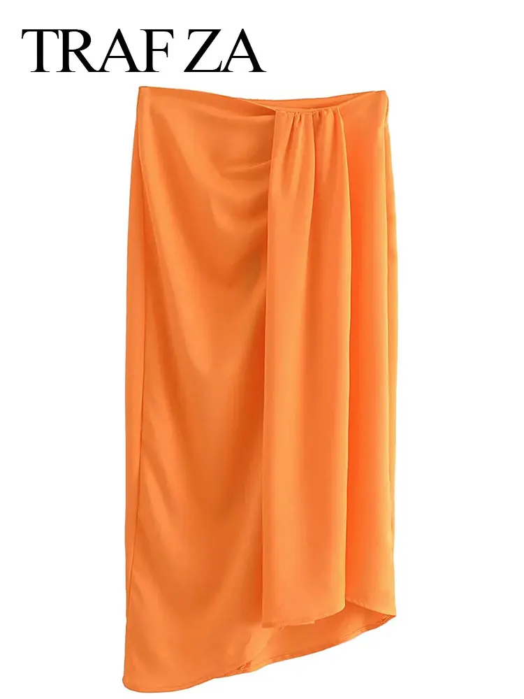 

TRAF ZA Asymmetric Ladies Skirt Mid-length Solid Orange Elegant Simple Side Slit Zipper High Waist Casual Fashion Street Daily