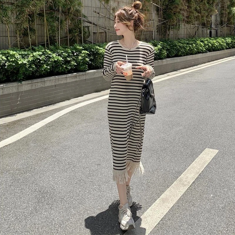 

Women's Elegant Striped Knitted Dress Women's Casual Vest Long Sleeve Striped Knitted Sweater Dress For Women