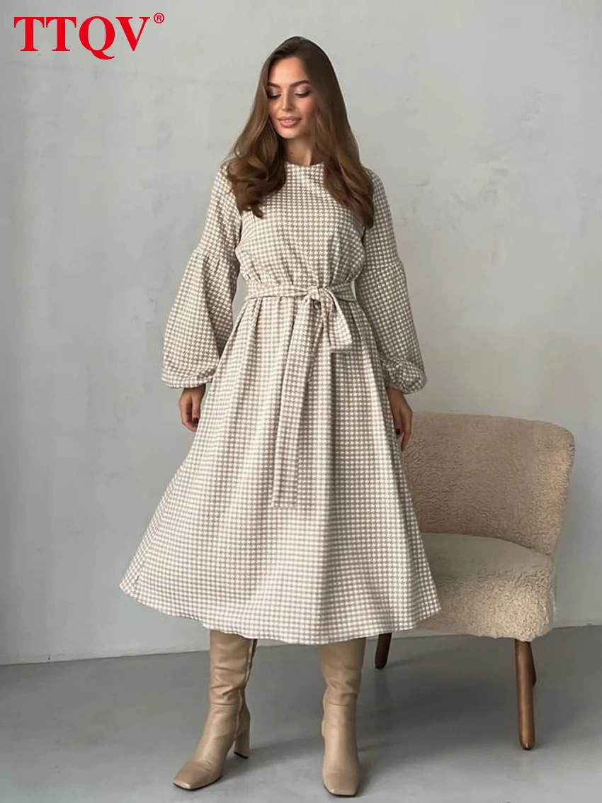 

TTQV Elegant Khaki Print Dresses For Women 2023 Fashion O-neck Puff Sleeve Dresses Casual Lace-up Mid-calf Dress Female Clothing