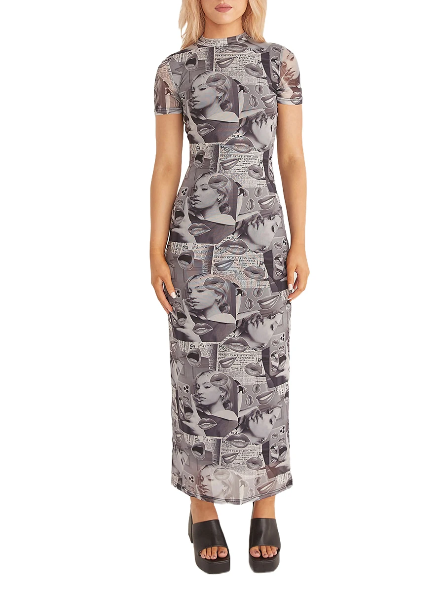 

Women s Bodycon Dresses Mock Neck Short Sleeve Vintage Portrait Lips Pattern Printed Casual Long Dress