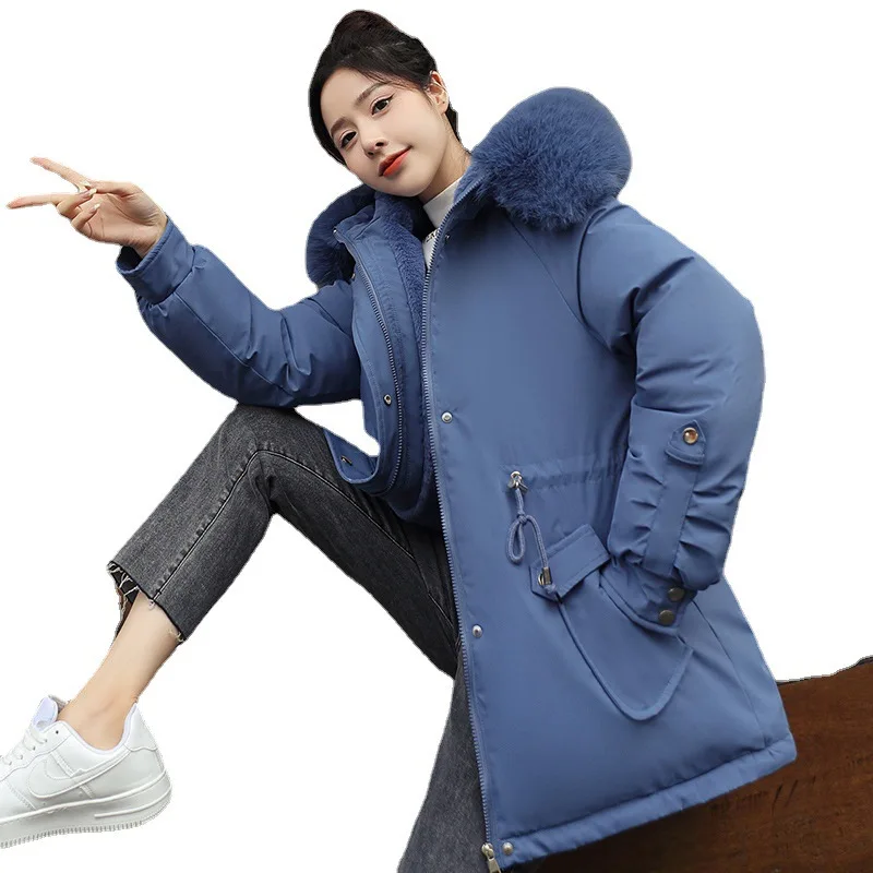 Parka Women 2022 New Big Fur Collar Waist Thin Thickening Mid-length Cotton Jacket Winter Cotton Coat