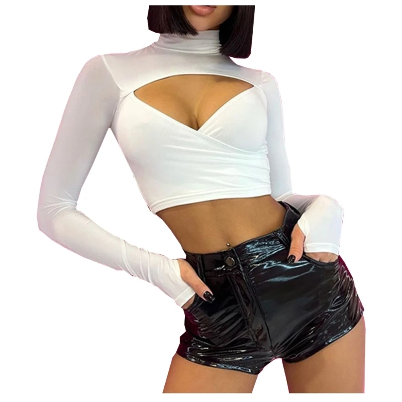 

Женский укороченный Топ с длинным рукавом и ложным воротником, однотонная облегающая футболка с запахом и вырезом спереди P8DB