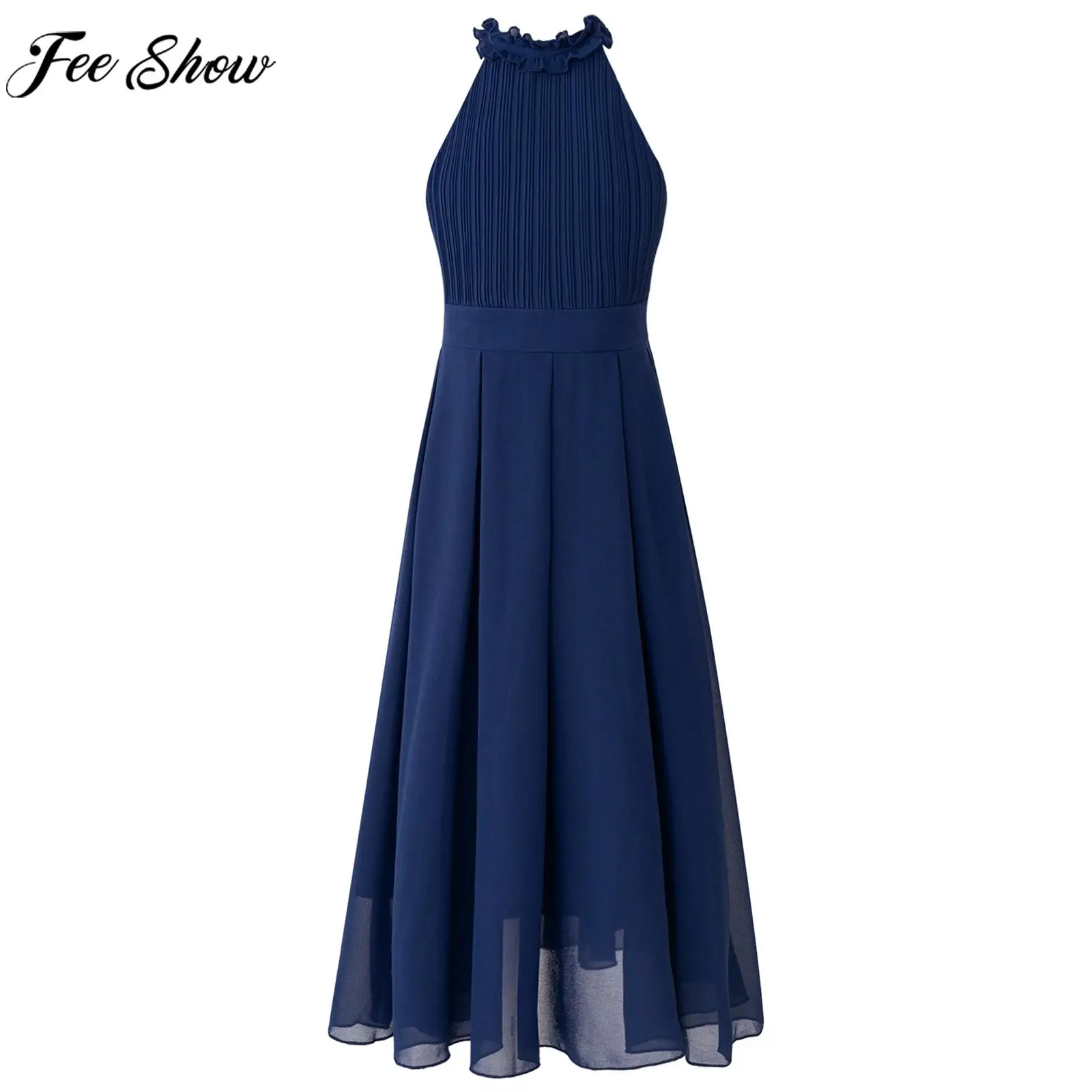 

Girl Summer Sleeveless Party Dress Halter Ruffle Pleated Elegant Chiffon Maxi Dress for Wedding Bridesmaid Birthday Performance