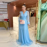 verngo elegant sky blue tulle evening dresses puff long sleeves v neck tiered arabic women simple formal prom gowns plus size
