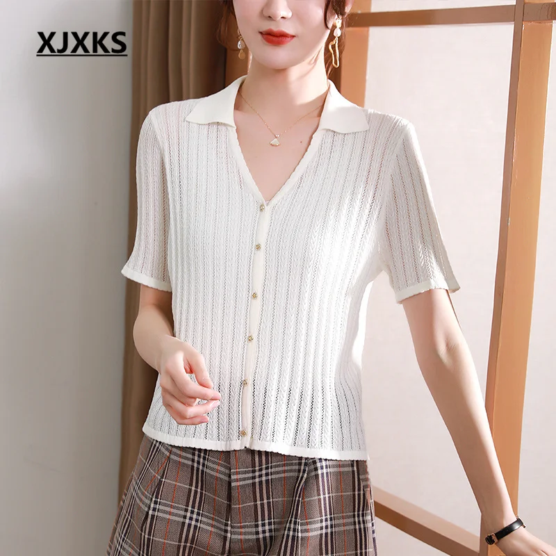 

Модный однобортный Кардиган с отложным воротником XJXKS, женские топы с коротким рукавом, Новинка лета 2023, вязаная женская футболка из шелка тутового шелкопряда