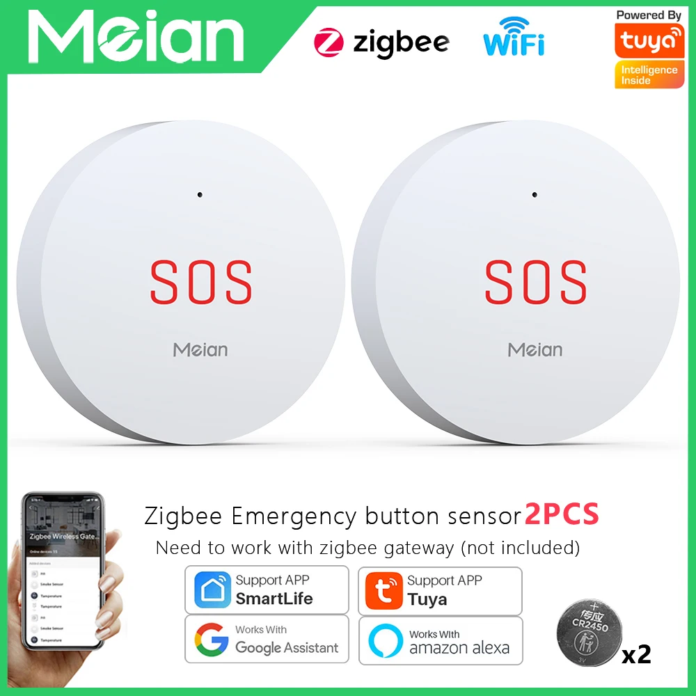 2PCS Tuya Zigbee SOS Emergency Button Work With Smart Life/Tuya APP Wireless Alarm Suitable for the Elderly,Children(Need Hub)