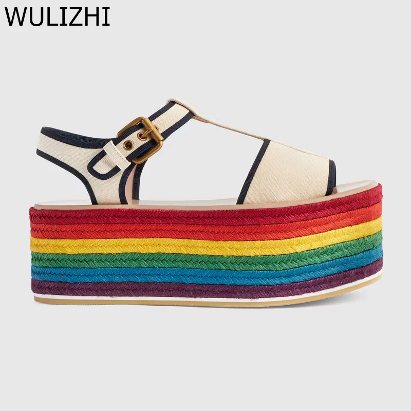 Women Rainbow Boost Platform Espadarille Sandals Open Buckle Nylon Strap Flats Casual Mixed Colors Graffiti Fashion Sewing Shoes
