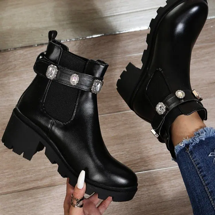 2022 New Women's Ankle Boots Crystal Rhinestone Flat PU Leather Women's Ankle Boots Spring and Autumn Women's Shoes Plus Size