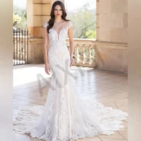 gorgeous wedding dress appliques lace luxury bride gown illusion o neck backless short sleeve mermaid elegant vestido de noiva