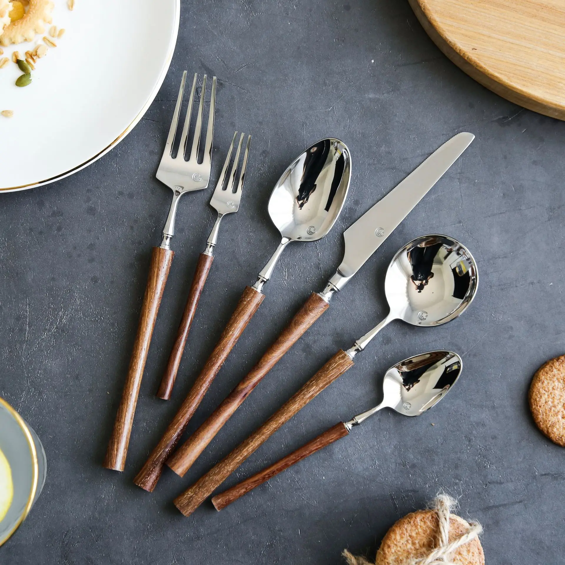 

6 шт. натуральный желтый huanghuali деревянная ручка из массива дерева 304 Западная еда нож вилка ложка набор Бытовая Посуда