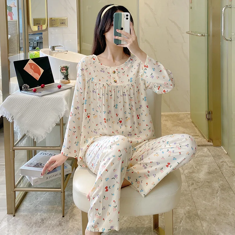 New Pajamas Women's Summer Thin Long-sleeved Trousers Cool Feeling Suit Comfortable and Breathable Loungewear with Round Neck