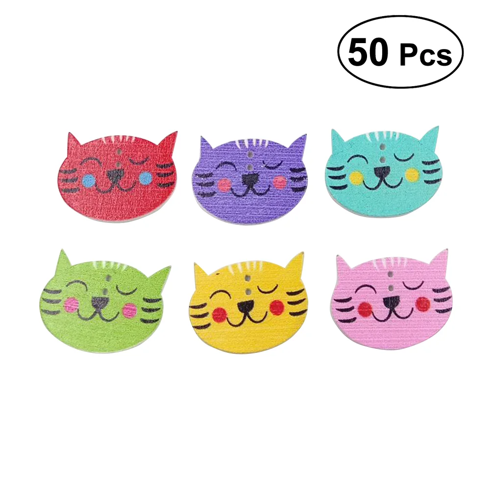 

50pcs Wood Buttons Cartoon DIY Lovely Animal Cat Pattern Environmental Protection 2 Holes Wooden Snaps Buttons