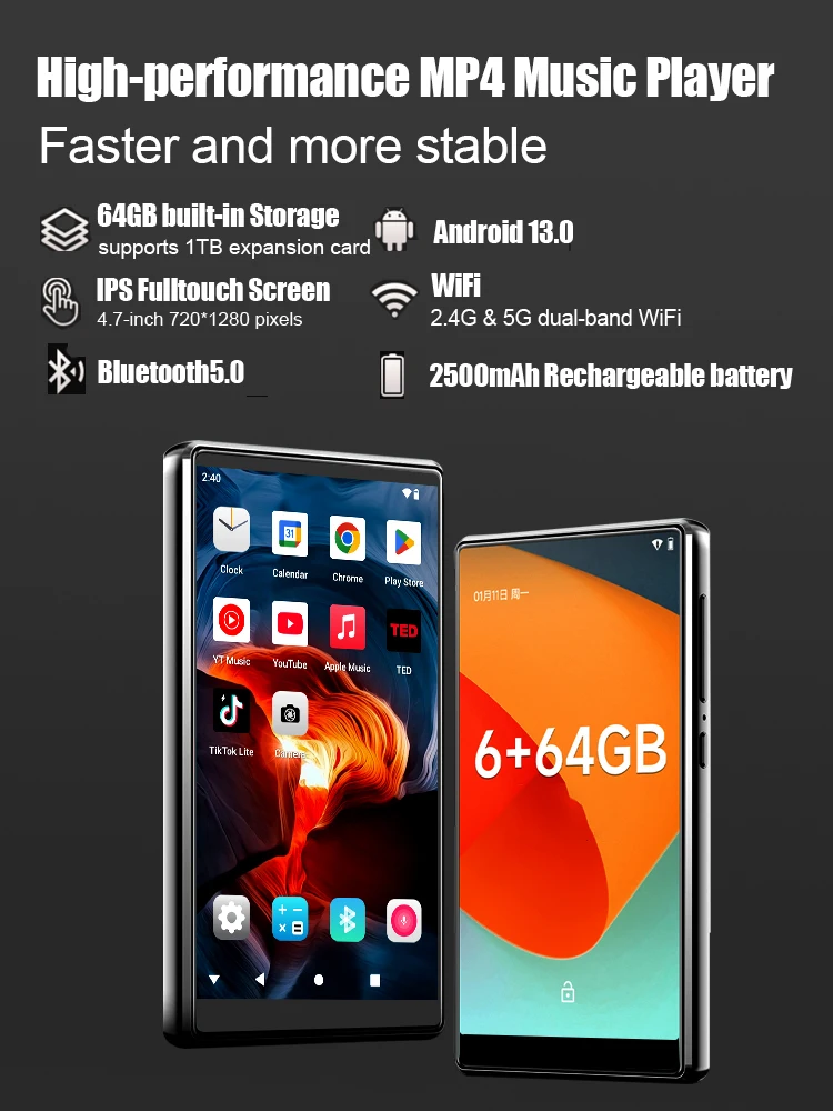 Фото Мужской MP3-плеер Famue Android 13, Bluetooth и Wi-Fi, MP3-плеер с Spotify, звуковой, Pandora, стандартная/сетевая версия №3