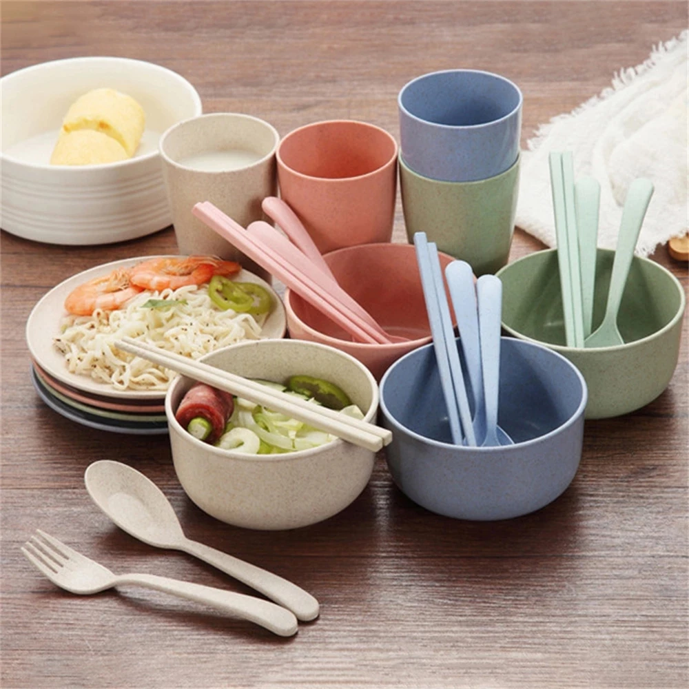 

6Pcs Tableware SetWheat Straw Cutlery Set Kid Dishes Baby Eating Dinnerware Set Unbreakable Bowl Tableware