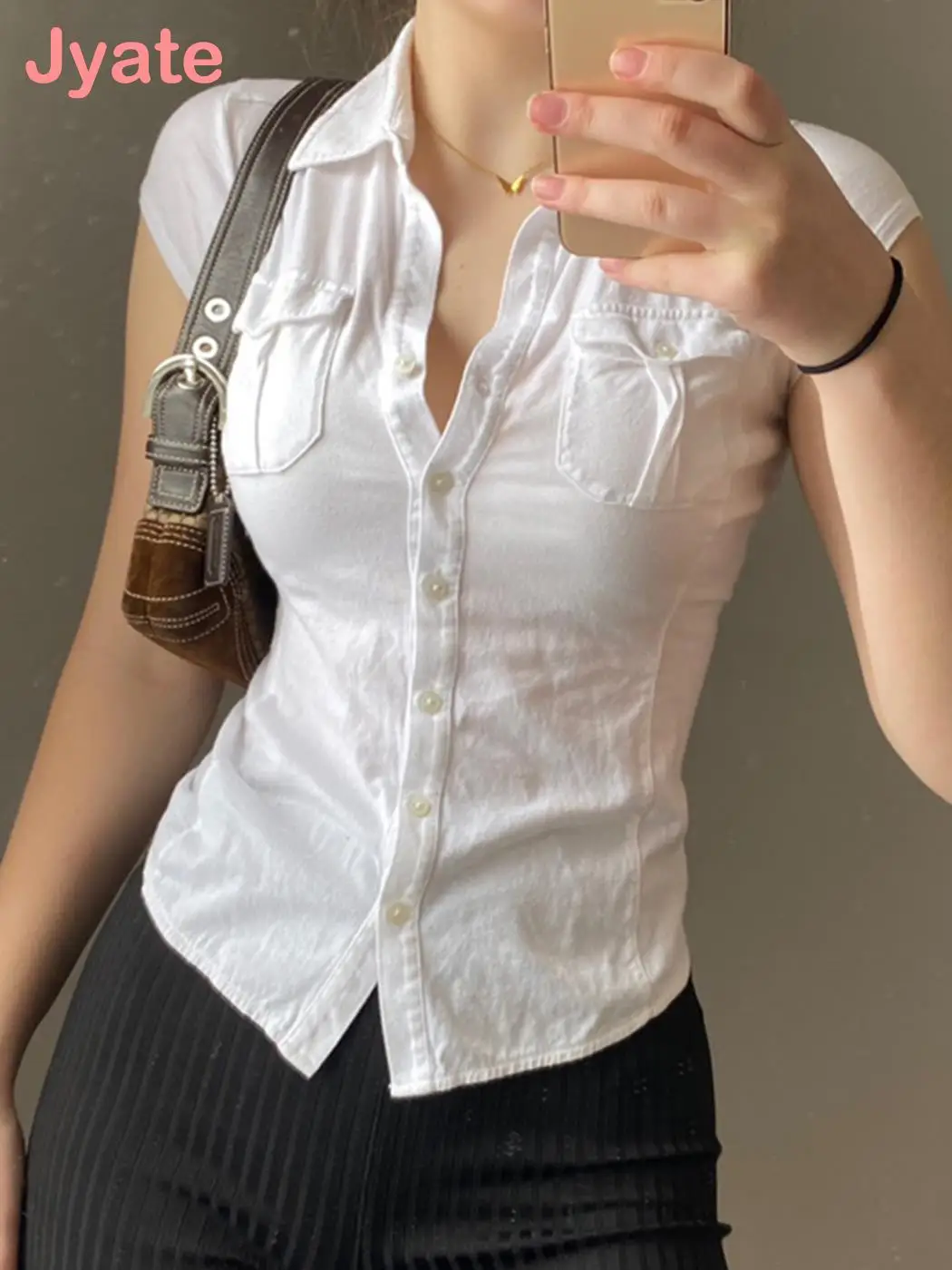 

Jyate Button Pockets Crop Top Y2k Turn Down Collar Pockets Harajuku Tee Casual Basic Retro T Shirt Cardigans Women Korean