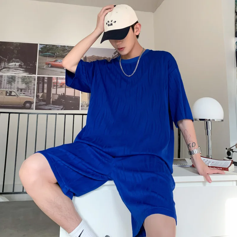 

Trendy men's clothing 2022New Wave Ice Silk DrapeTT-shirt and Shorts Suit Men's Solid Color Loose-Fitting Large Size Two-Piece S