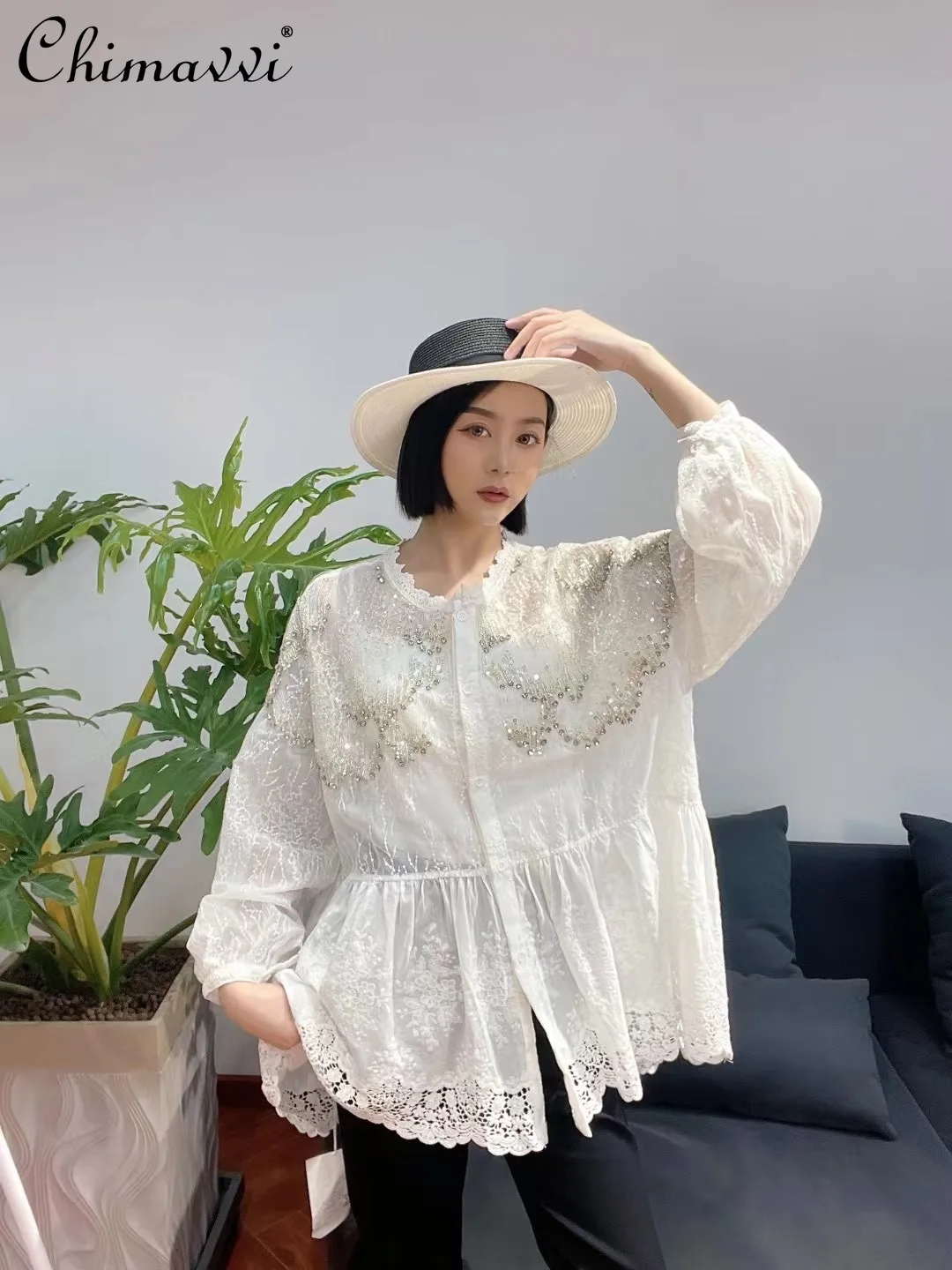 

Heavy Embroidery Sequins Beaded Doll Shirt for Women 2022 Spring Summer New European Style Loose Oversized Lace Blouse Top