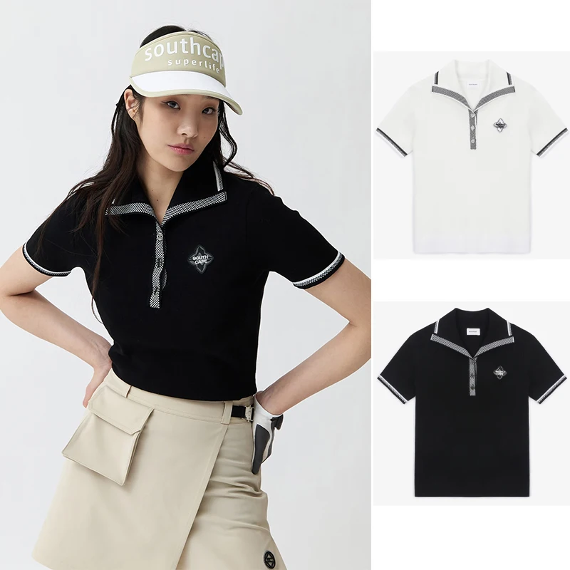 

Women's Golf Apparel Jersey 23 Spring/Summer Polo Collar Contrast Stripe Versatile Slim Fit Knitted Short Sleeve T-shirt