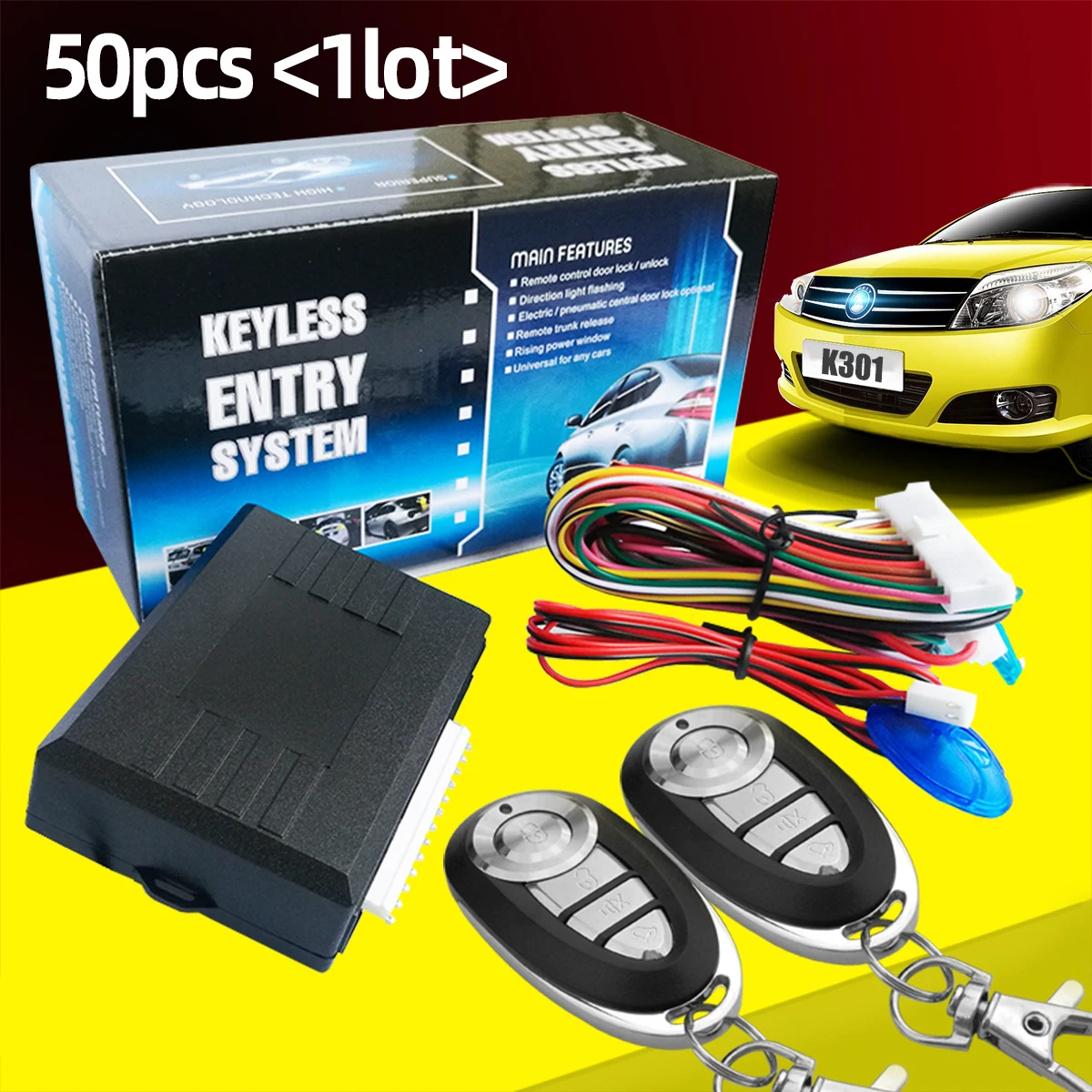 

50pcs(1lot)Universal Car Keyless Entry System with 2 Remote Controllers door lockTrunk Release open Car Alarm Accessories