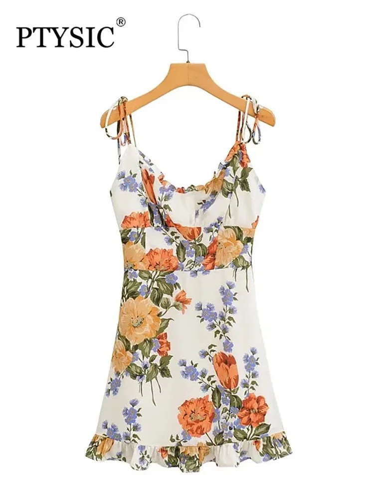 

PTYSIC Women Sweet With Floral Print Strapless Halter Mini Dress 2022 Summer Ruffles Strap With Tied Prairie Chic Vestidos