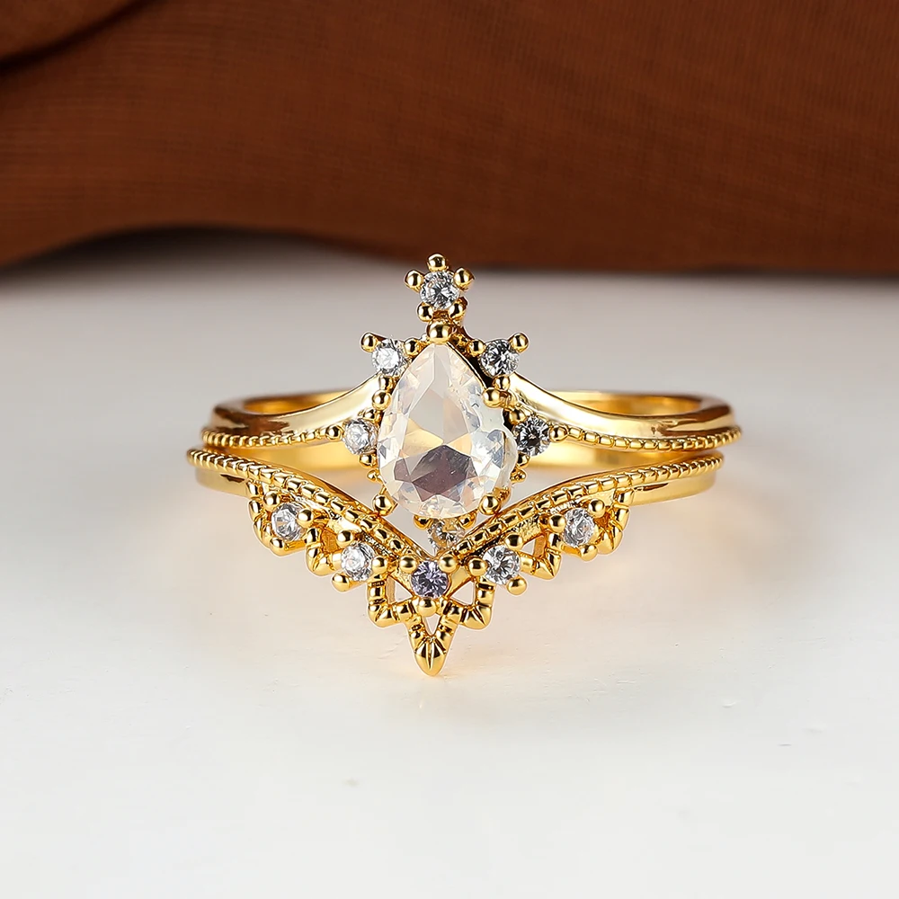 

Romantic Gold Moonstone Ring Set for Women 2 In 1 Stackable Crown Ring Sets Birhtstone Wedding Engagement Rings Luxury Jewelry