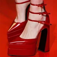 women sandals summer pointed toe chunky heel platform pumps high heels belt buckle handmade to order plus size 45 patent leather