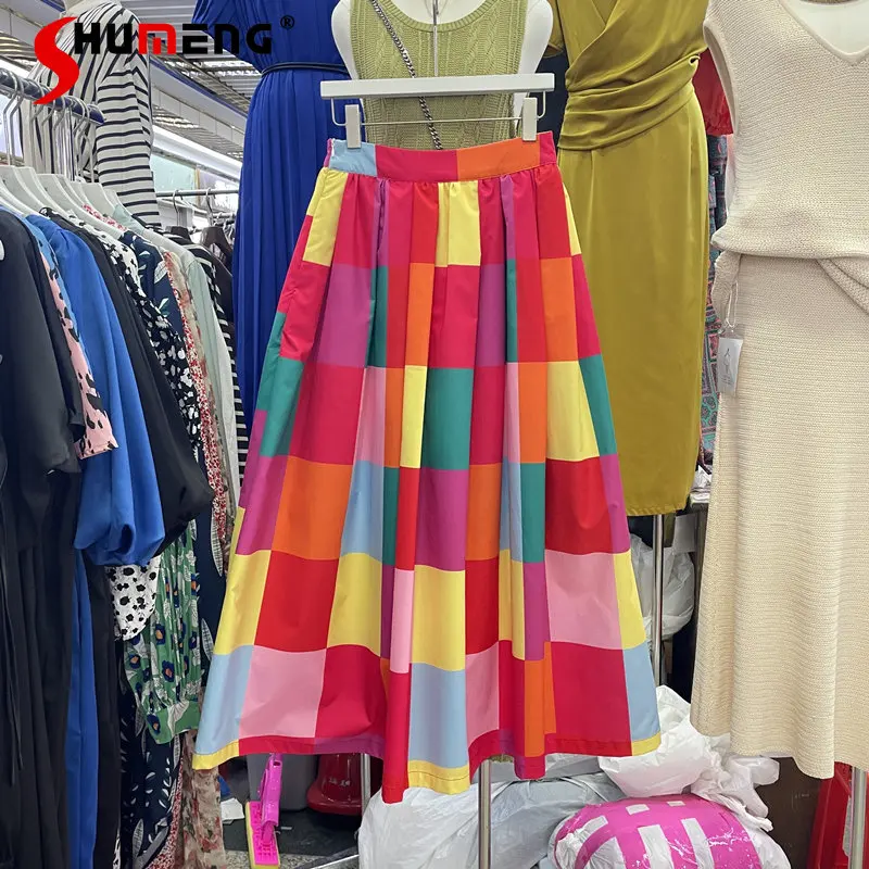 

2023 Spring Summer New Western Style Fashion Contrast Color Plaid Printed High Waist Long Skirt Niche Expansion Maxi Skirt