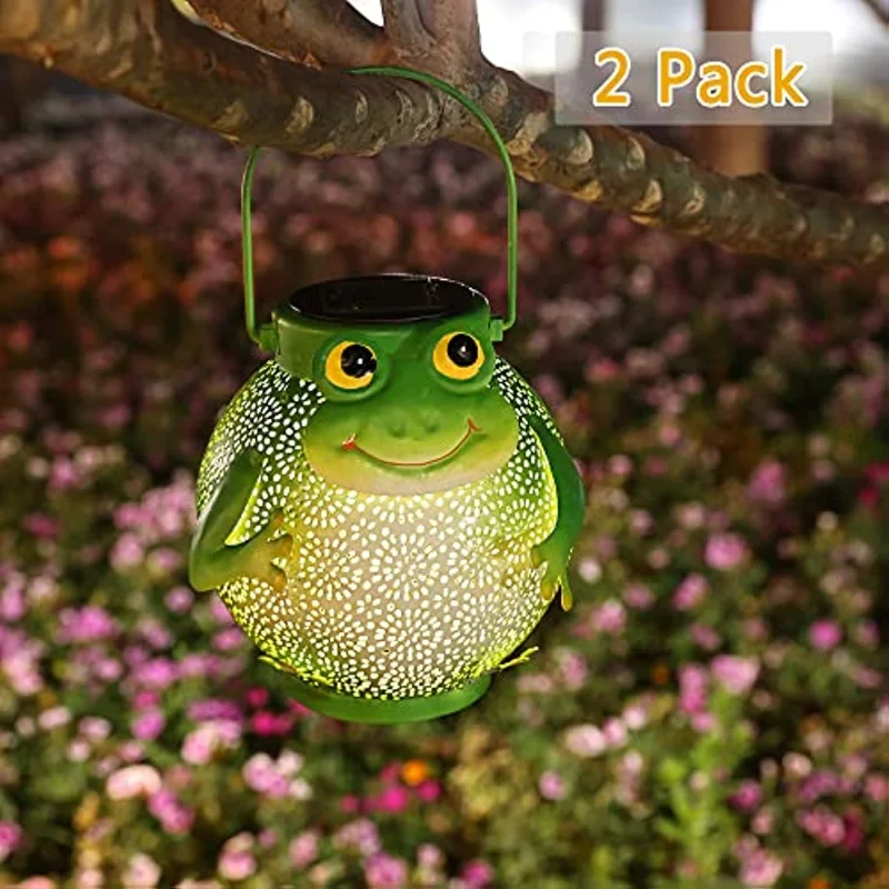Solar Lights Outdoor 2 Pack Hanging Lanterns Garden Waterproof Metal Decorative for Patio Yard Table Pathway with Frog Pattern