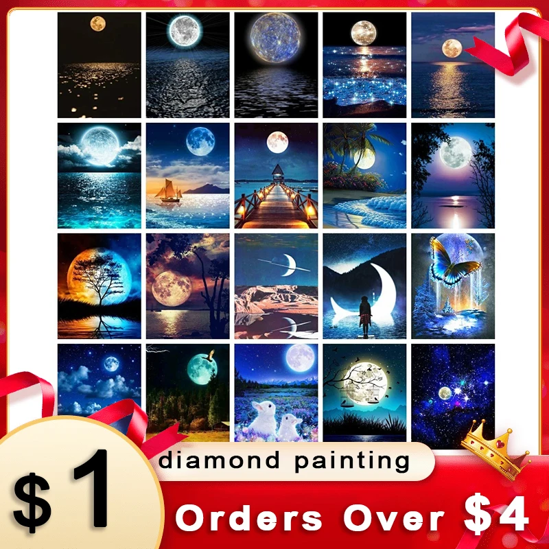 

AZQSD Diamond Painting Moon Fantasy Sea Handmade Mosaic Landscape Cross Stitch Kits Home Decoration Full Square/Round Drill