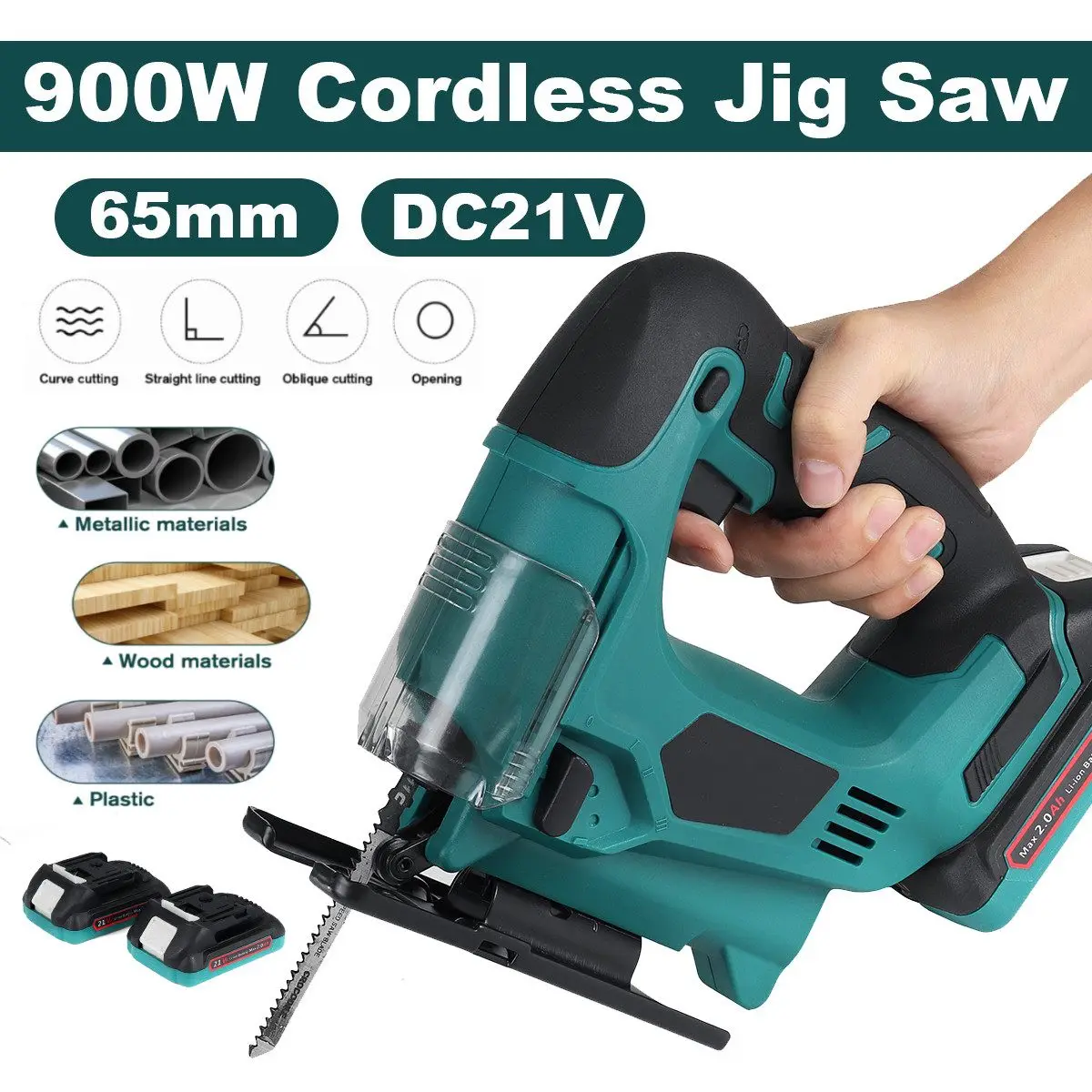 

900W 65mm 2900RPM 21VF Cordless Jig Saw Electric Jigsaw Rechargeable with 2 Batteries Metal Woodworking for Makita 18V Battery