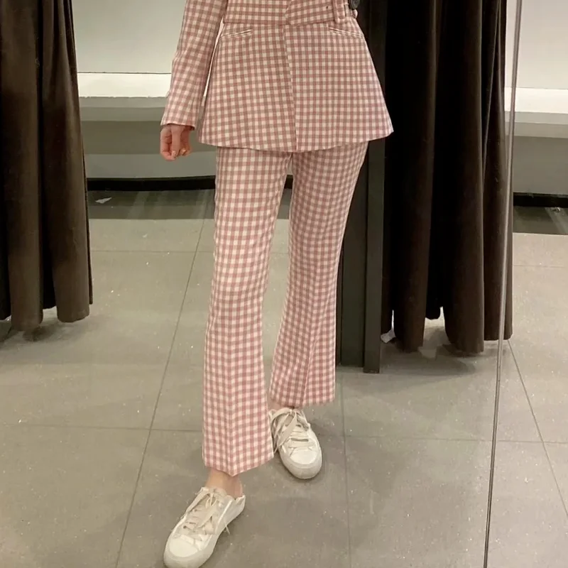 

Pink Sweet High Waist Plaid Flare Pants 2021 Women Plaid Suit Pants Summer New Korean Fashion Casual Office Tailored Trousers
