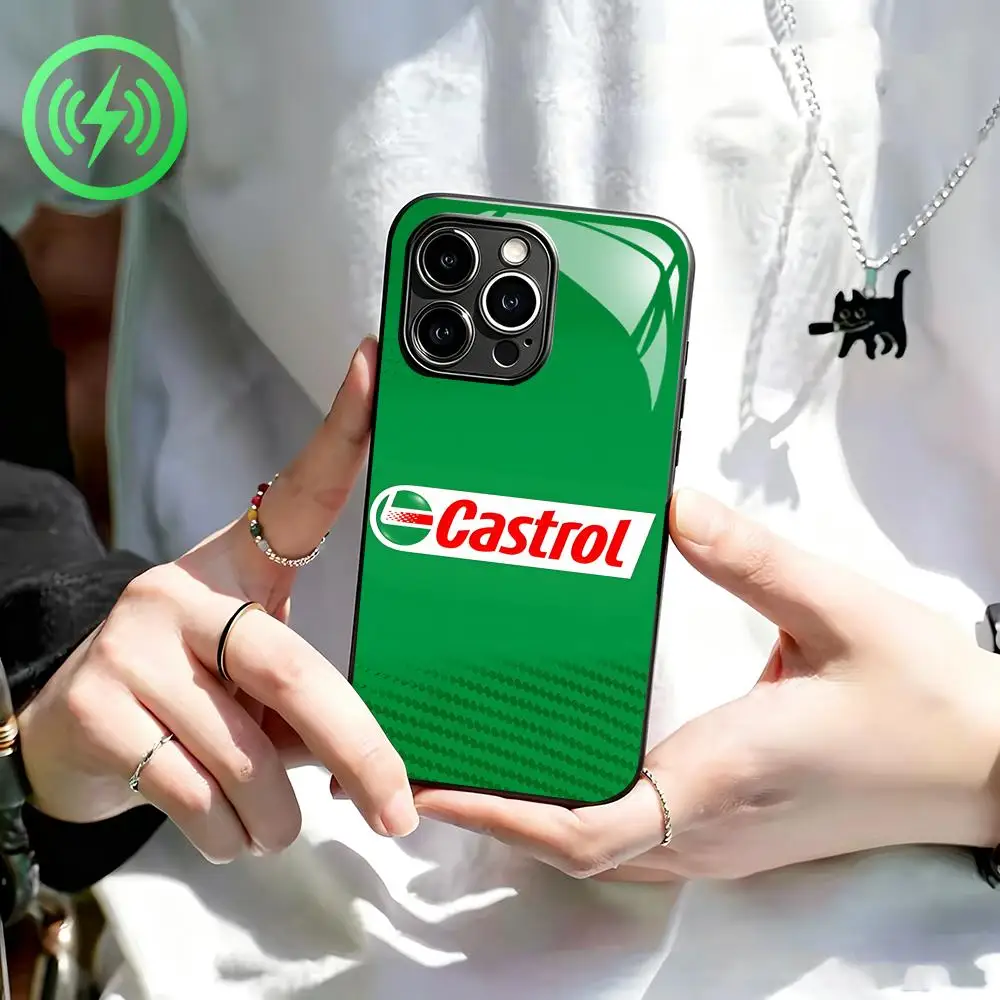 Фото Чехол для телефона с логотипом гоночной смазки Castrol для iPhone 17 16 15 14 13 12 11 X XR XS 8 Plus Mini Pro Max, стеклянный магнитный чехол. №3