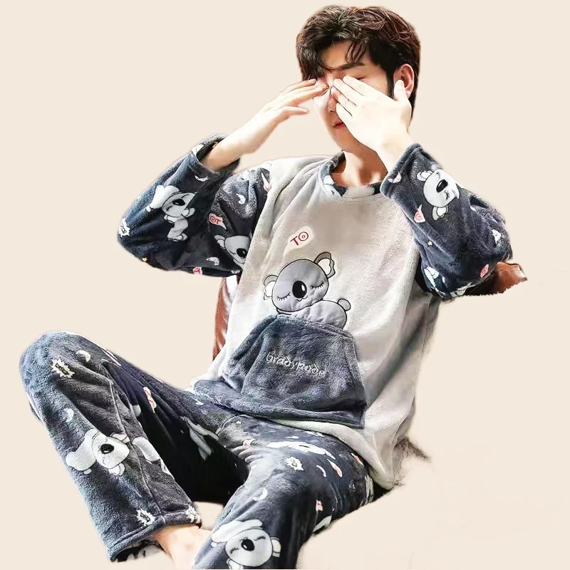 Winter Man Pajamas Set Full Sleeve T-shirt Long Pants 2Piece/Set Casual Cartoon Pyjama Big Size Men Homewear Cozy Plus Sleepwear