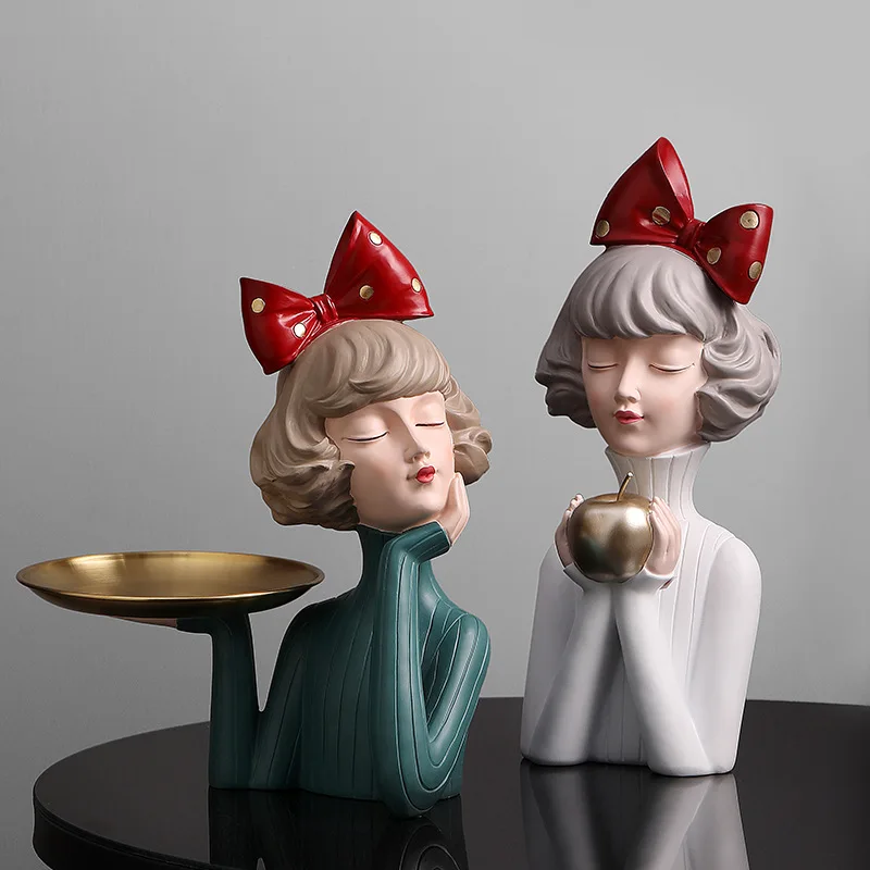 

Home Decoration Modern Luxury Bowknot Girl Resin Figurines People Bust Storage Plate Gilr Statue For Room Decor Wedding Gifts