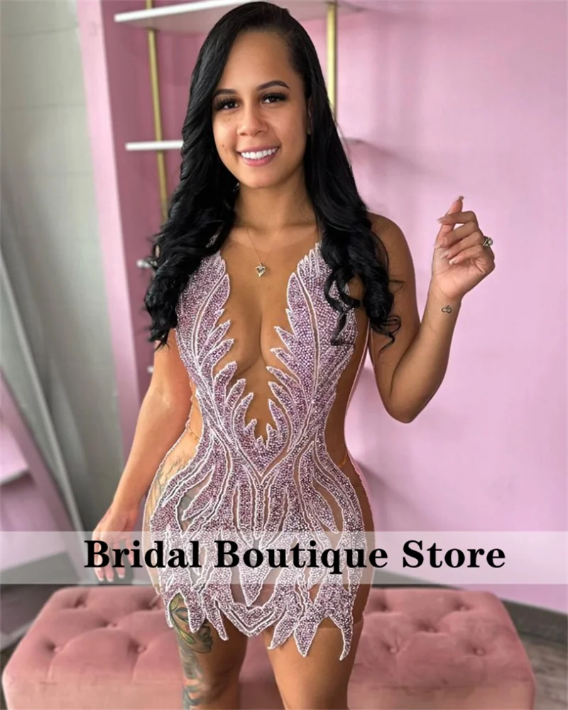 

Sexy Diamonds Short Pink Prom Dresses Sparkly Beads Rhinestone Illusion Crystal Birthday Cocktail Club Party Gowns Robe