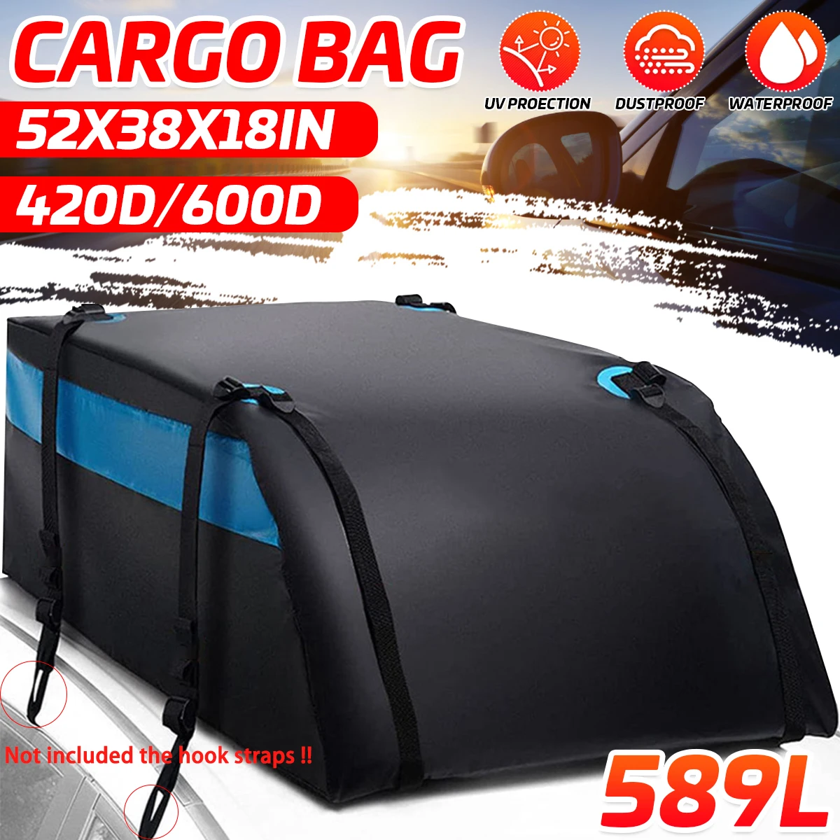 

589L 132x97x46cm Universal Large Waterproof UV Protected Car Cargo Roof Bag Carrier Cargo Luggage Travel Bag For SUV Vehicles