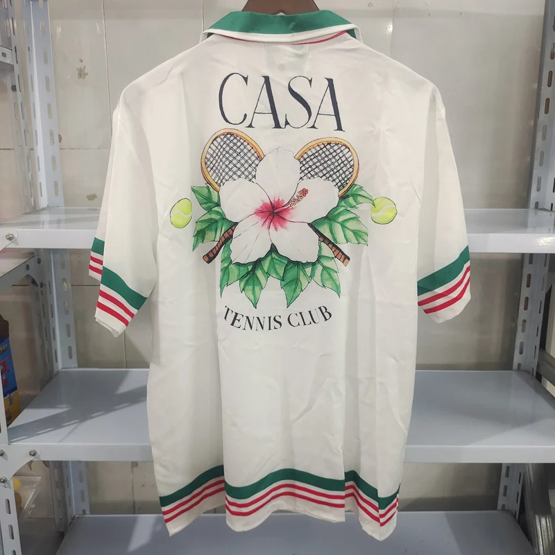 Cross Racket Greenery Floral Print CASABLANCA Short Set Real Photo Men Women Hawaii Beach TENNIS CLUB Short Sleeve Suit Pocket