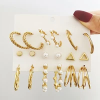 gold color simulation pearl ladies fashion irregular geometric rhinestone hollow pendant earrings set fashion jewelry