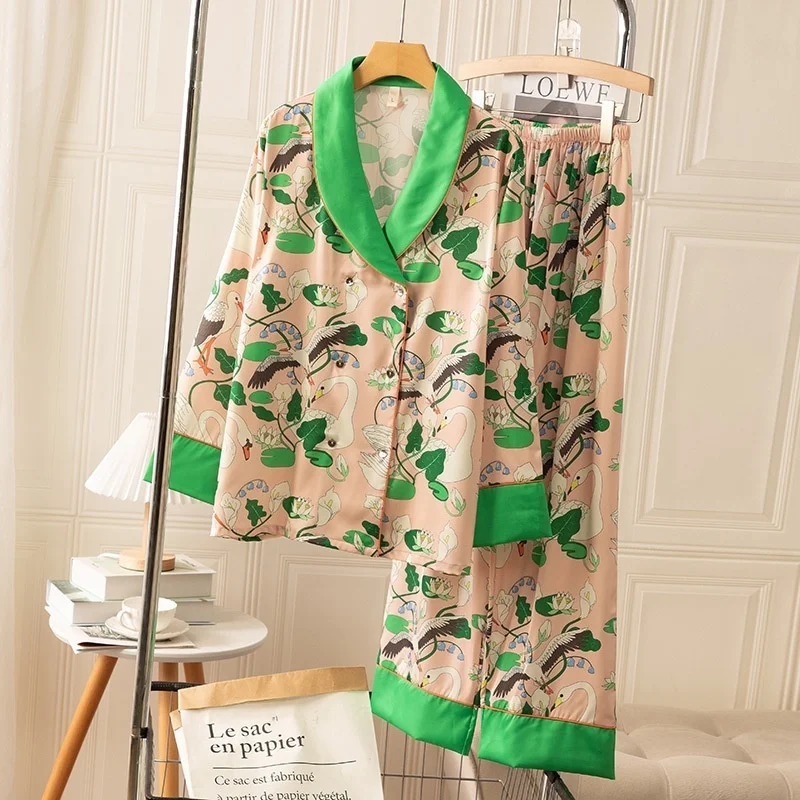 Lisacmvpnel Printed Fashion Pajamas For Girls Ice Silk Sexy Long Sleeve Suit Lapel Pajama Set Can Be Worn Outsiede Sleepwear