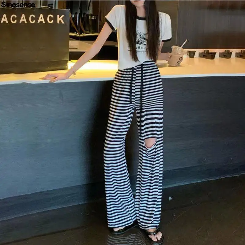 

Women Striped Pants Casual Loose Wide Leg Trousers Ins Y2K Hole Straight Pants Drawstring High Waist Hip-hop Streetwear Joggers