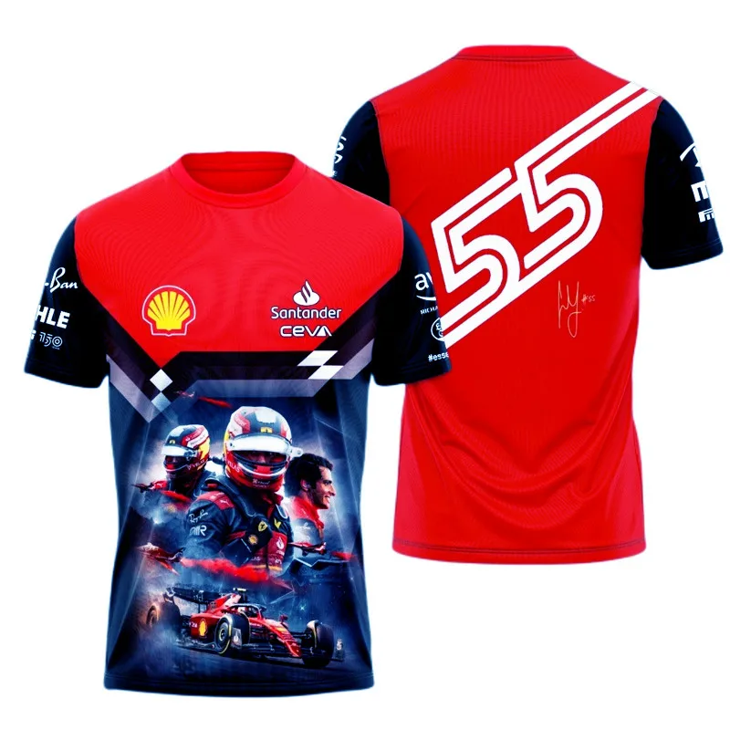 F1 Ferrari Team T-shirt Driver 16 Leclerc 55 Sainz Formula One Team New Summer 3D Printed Men's Short Sleeve Clothing T-shirt