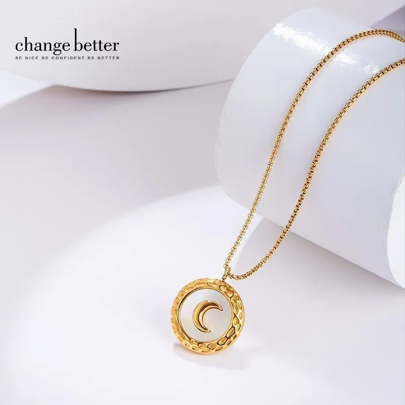 

Change Better Natural Shell Exquisite Moon Collar Neckalce Women Trendy Gold Color Stainless Steel Chain Collane Donna Statement