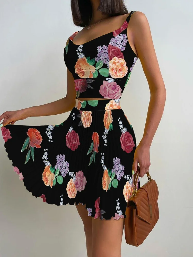 

Set Woman 2 Pieces Summer New Printed Slim High Waist Dress Set Camisole and Pleated SkirtSet of Holiday Party Club Women Dress