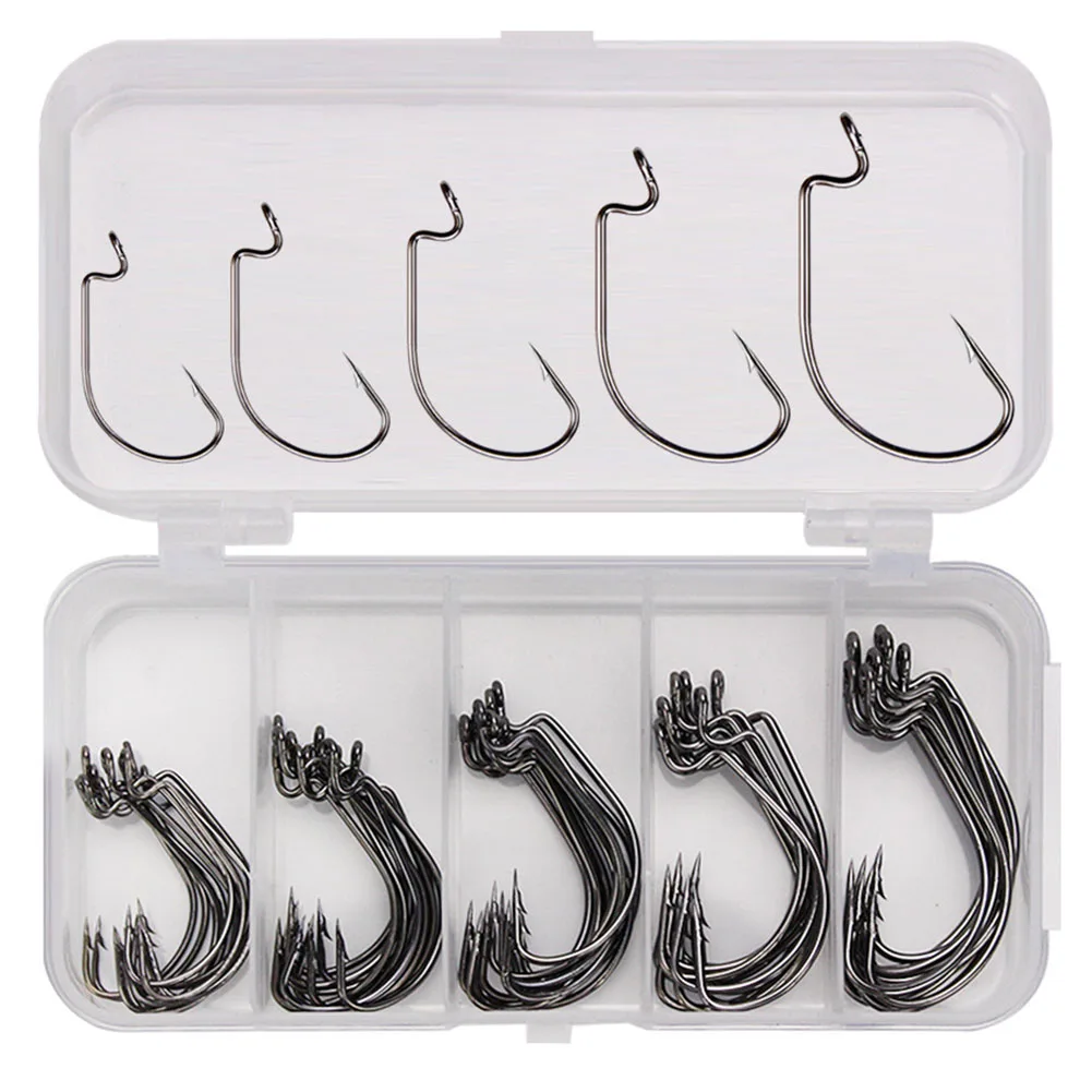 

50pc Carbon Steel Wide Crank Fishing Hook Set 2# 1# 1/0# 2/0# 3/0# For Soft Worm Lure Barbed Hook Terminal Tackle Sporting Goods